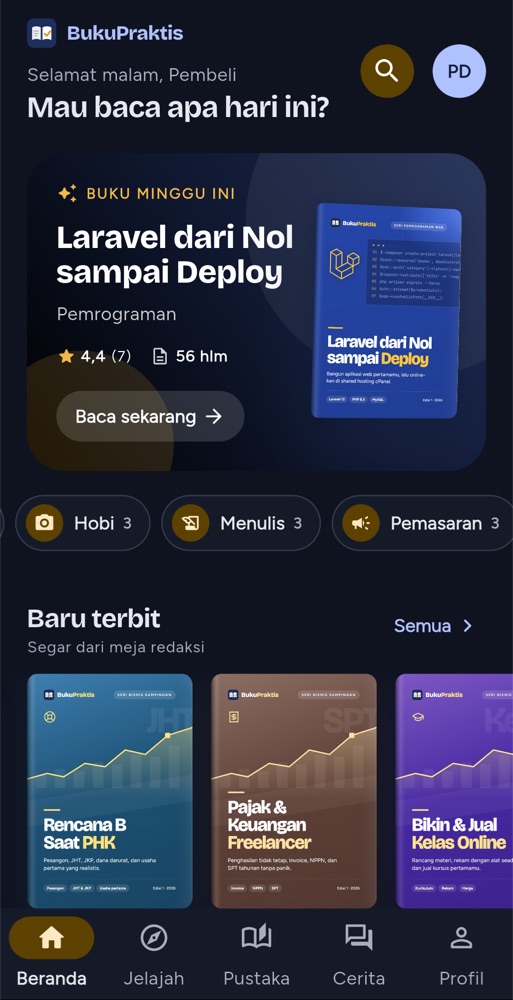 Beranda aplikasi BukuPraktis tampilan gelap