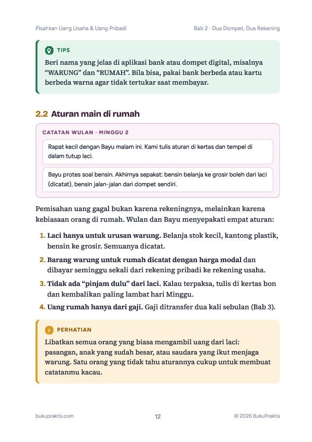 Contoh halaman Pisahkan Uang Usaha & Uang Pribadi